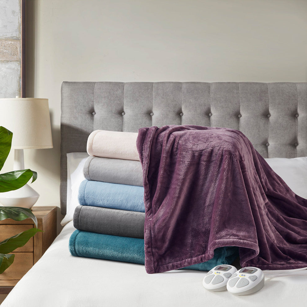 Serta Plush Heated Blanket, Light Grey