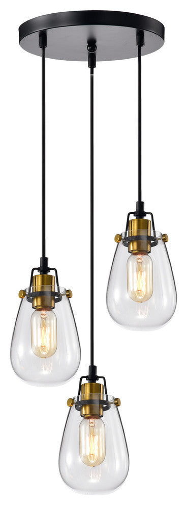 3-Light Black and Antique Gold Pendant With Wire and Glass Shade