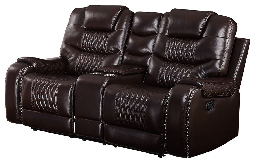Benzara BM251081 Motion Loveseat With Leather Upholstery/Diamond Tufts, Brown