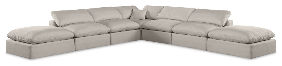 Comfy Upholstered L-Shaped Modular Sectional, Beige, 7-Piece: 4 Armless Chair, 1 Corner Chair, 2 Ottoman, Linen Textured Fabric