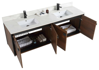 Oakville Wall Mount Bathroom Vanity, Walnut Ebony, 72", Black Hardware