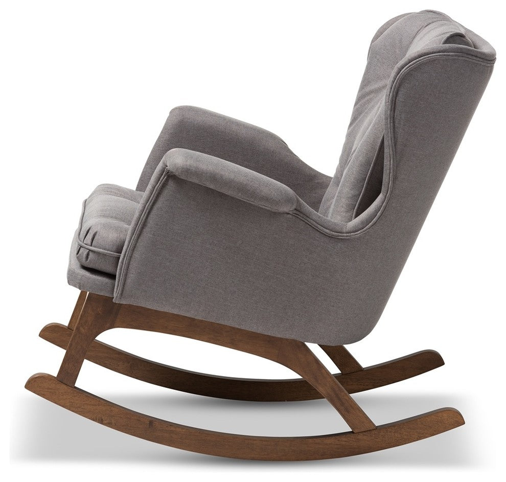 Midcentury Modern Gray Fabric Upholstered Walnut-Finished Rocking Chair