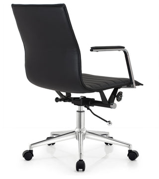 Modern Office Arm Chair With Wheels  Mid Back Ribbed PU Leather Adjustable, Black