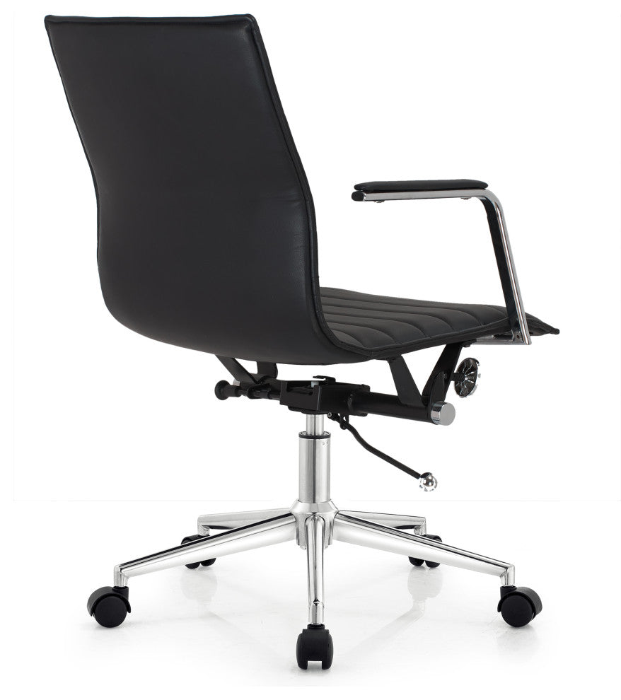 Modern Office Arm Chair With Wheels  Mid Back Ribbed PU Leather Adjustable, Black