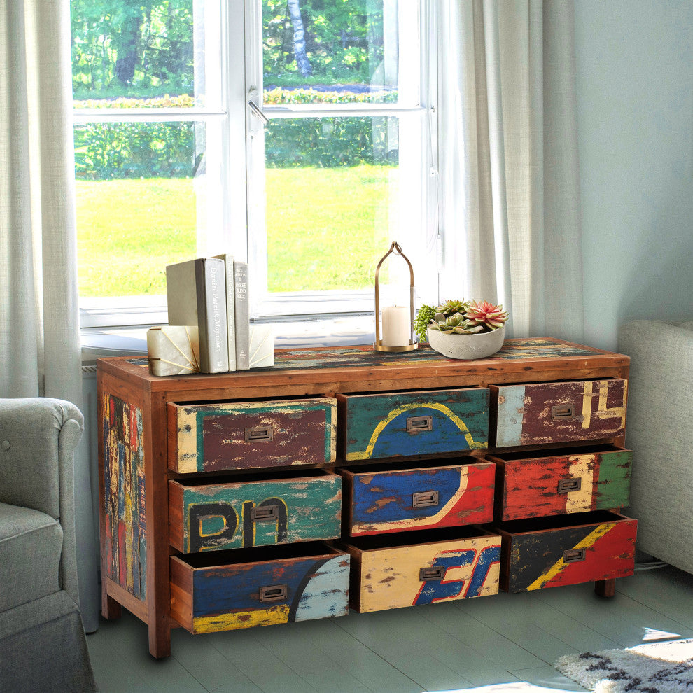 Dresser / Chest With 9 Drawers Made From Recycled Teak Wood Boats