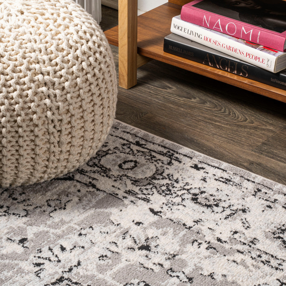 Denia Ornate Geometric Medallion Area Rug, Dark Gray, 2 X 8