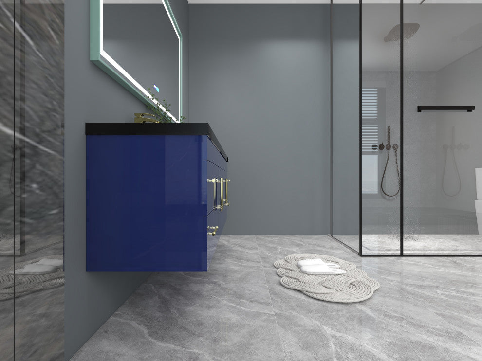 Rosa 72" Wall Mounted Modern Vanity, High Gloss Night Blue, Matt Black Top