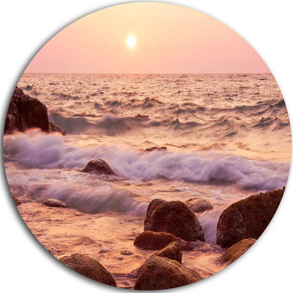 Foam Waves Hitting Rocky Coast, Seashore Round Wall Art, 36"