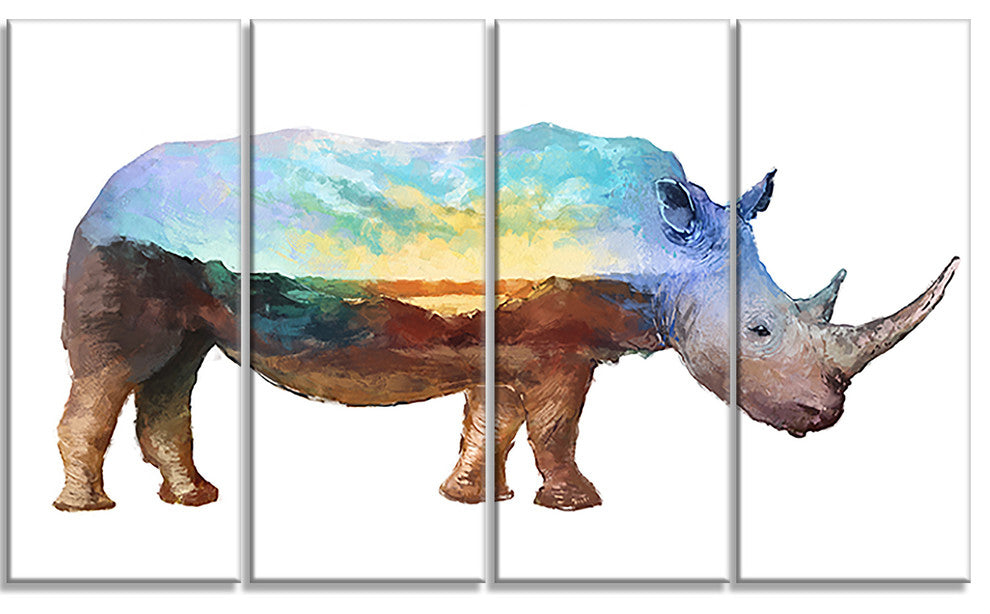Rhino Double Exposure Illustration, Large Animal Canvas Print, 48"x28", 4 Panels