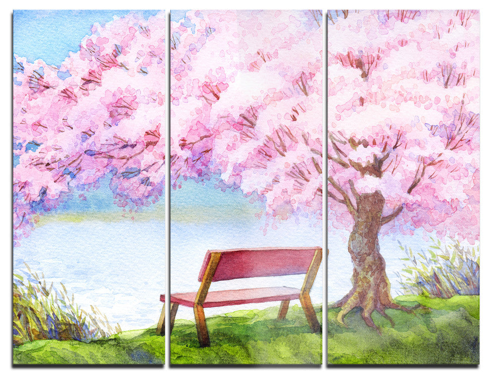 "Bench Under Flowering Peach Tree" Metal Wall Art, 3 Panels, 36"x28"