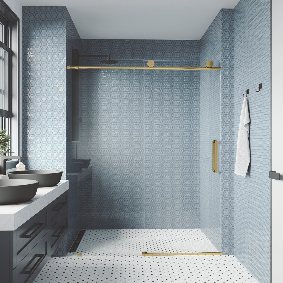 VIGO Elan Frameless Sliding Shower Door, V-Motion, Clear Glass, Matte Brushed Gold, 56" to 60" W X 76" H