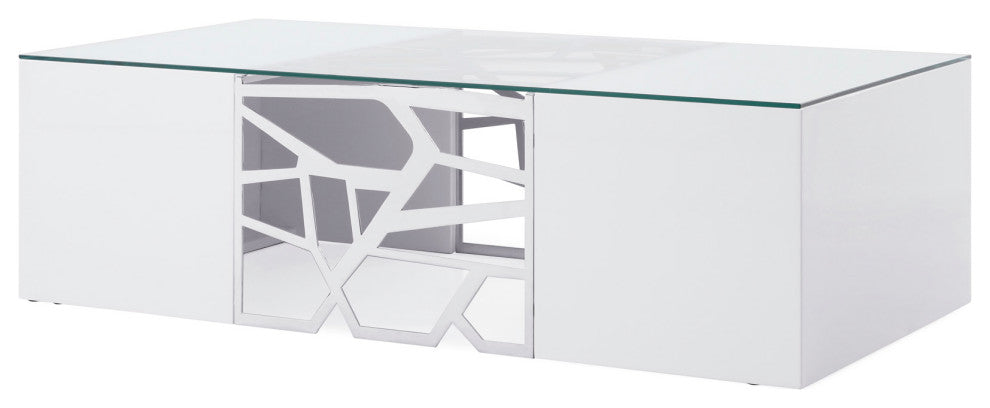 Liera Coffee Table Clear Tempered Glass Top White Lacquer Base Stainless Steel