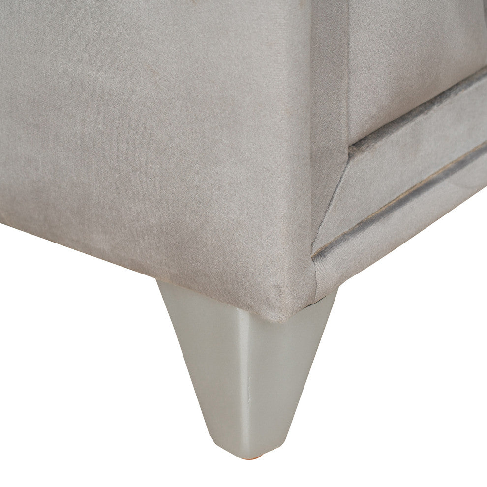 2-Drawer Wood Nightstand with Velvet Fabric and Glass Worktop, Silver Gray