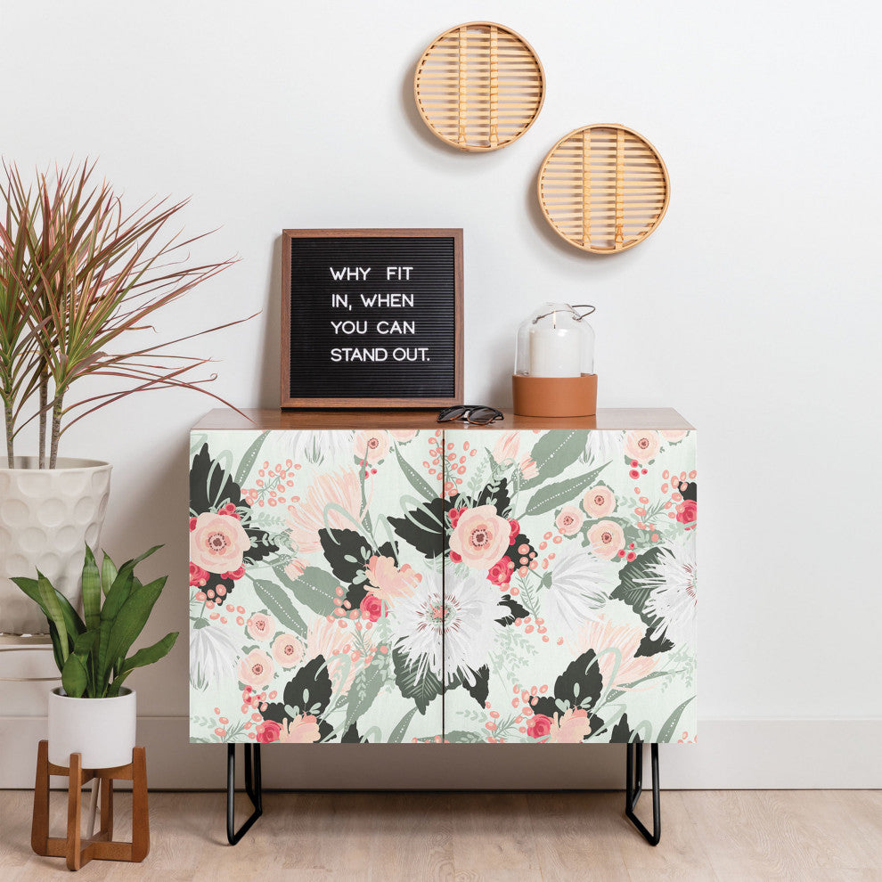 Deny Designs Carmella Creme Credenza, Walnut, Black Steel legs