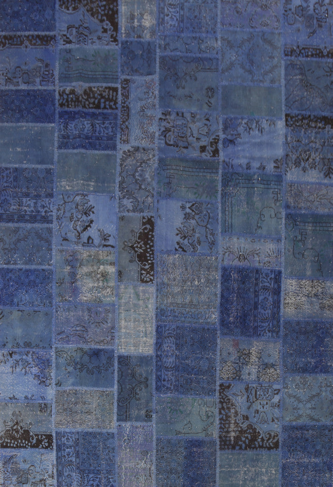 Blue Over-dyed Patchwork Turkish Area Rug Hand-tufted Wool Carpet 9x12