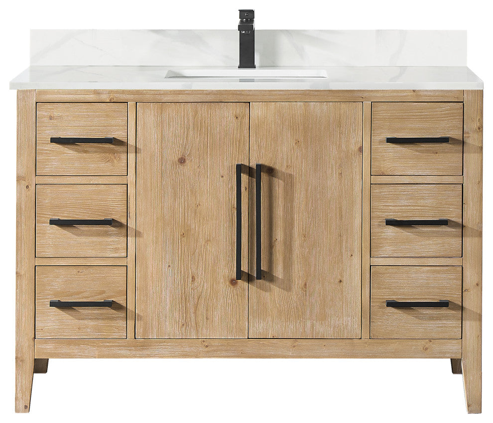 Laurel Bathroom Vanity with Calacatta White Quartz Stone Countertop, Weathered Fir, 48", Without Mirror