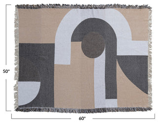 Modern Recycled Cotton Throw Blanket with Print and Fringe, Multicolor