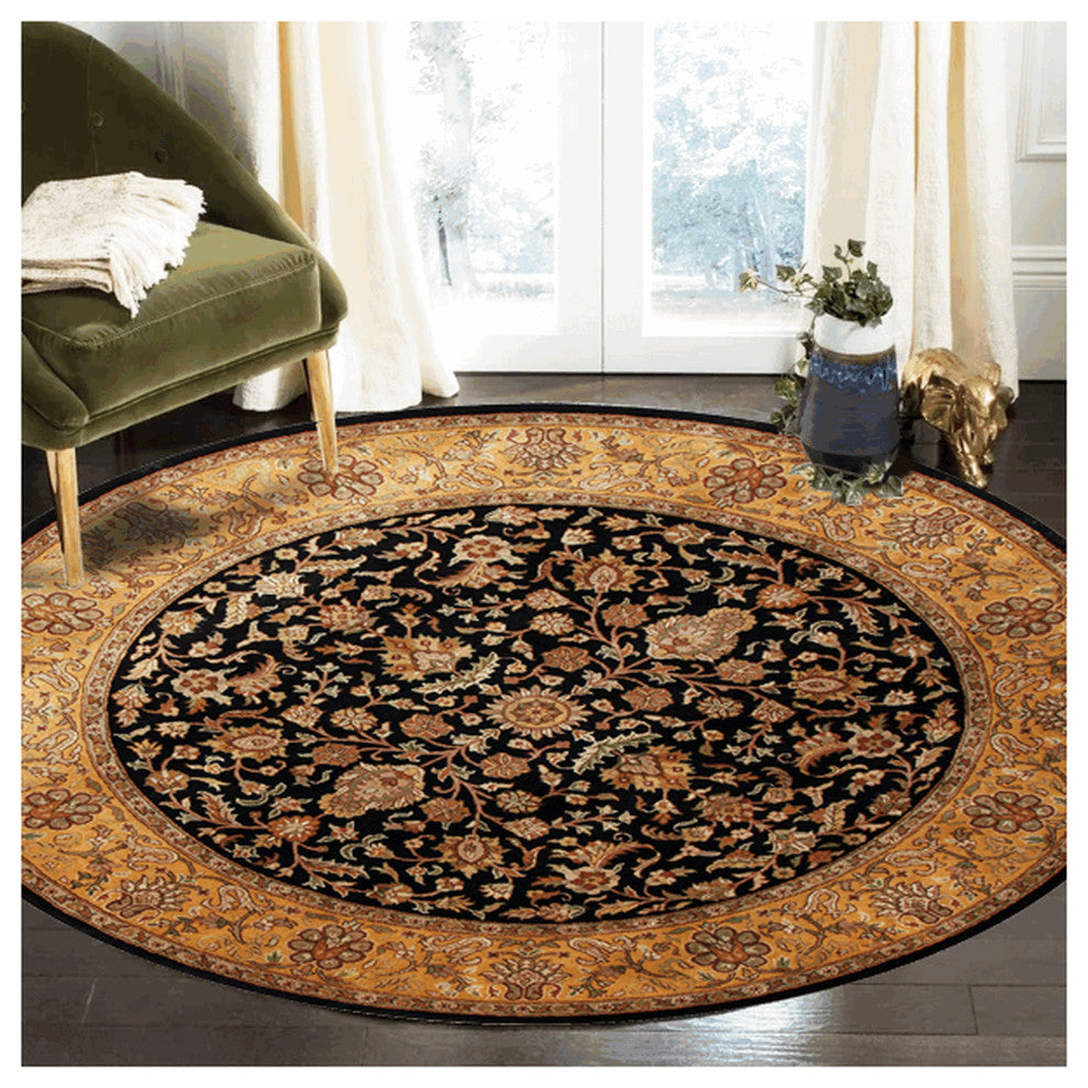 Agra Cinzia Traditional Black Floral Hand Knotted Wool Rug 8' Round