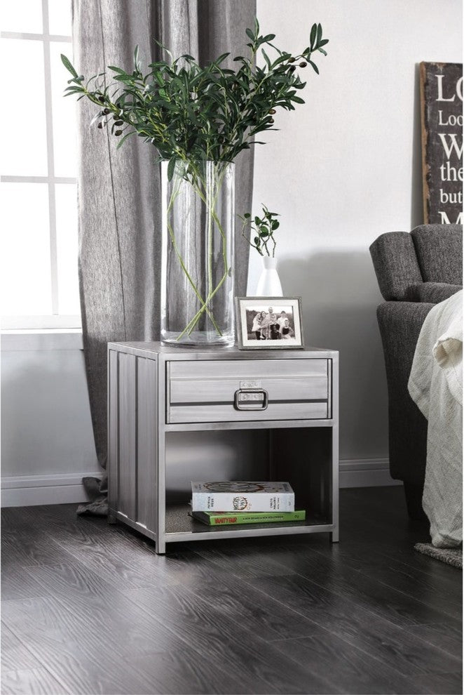 Industrial Style Metal Nightstand with Drawer and Bottom Shelf, Gray