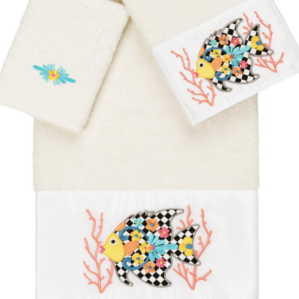 Linum Home Textiles Turkish Cotton Feliz 3-Piece Embellished Towel Set, Cream