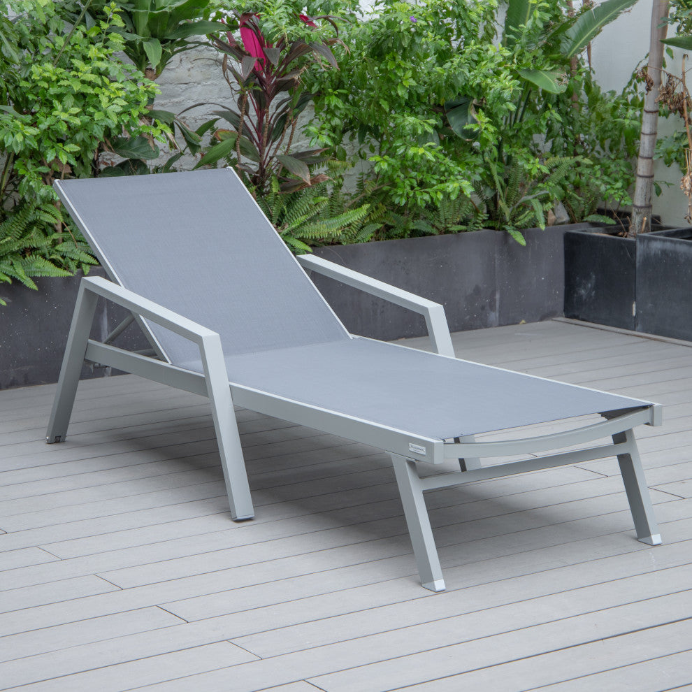 LeisureMod Marlin Chaise Lounge Chair With Arms and Fire Pit Table, Dark Gray