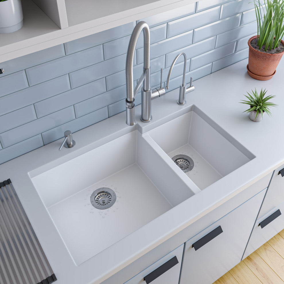 ALFI brand AB3319UM-W White 34" Double Bowl Granite Composite Kitchen Sink