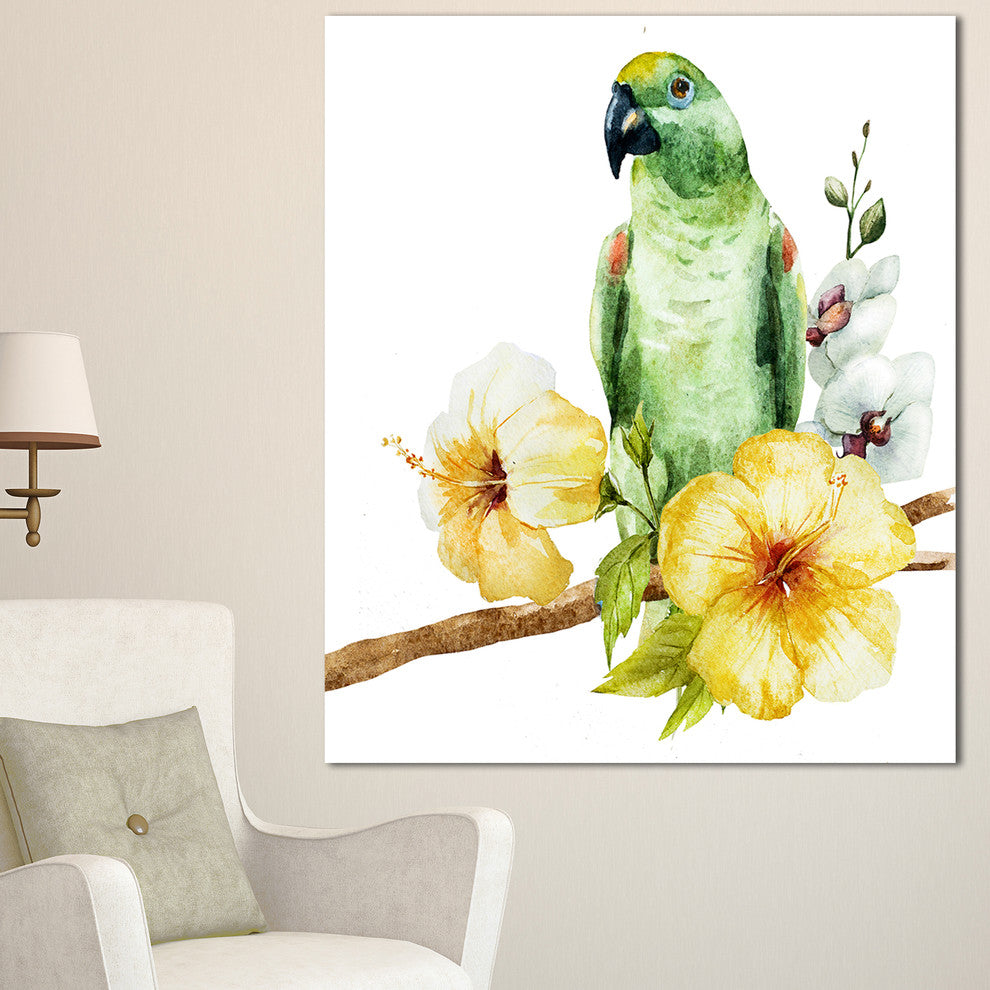 "Parrot With Flowers Watercolor Floral" Painting Canvas Print, 30"x40"