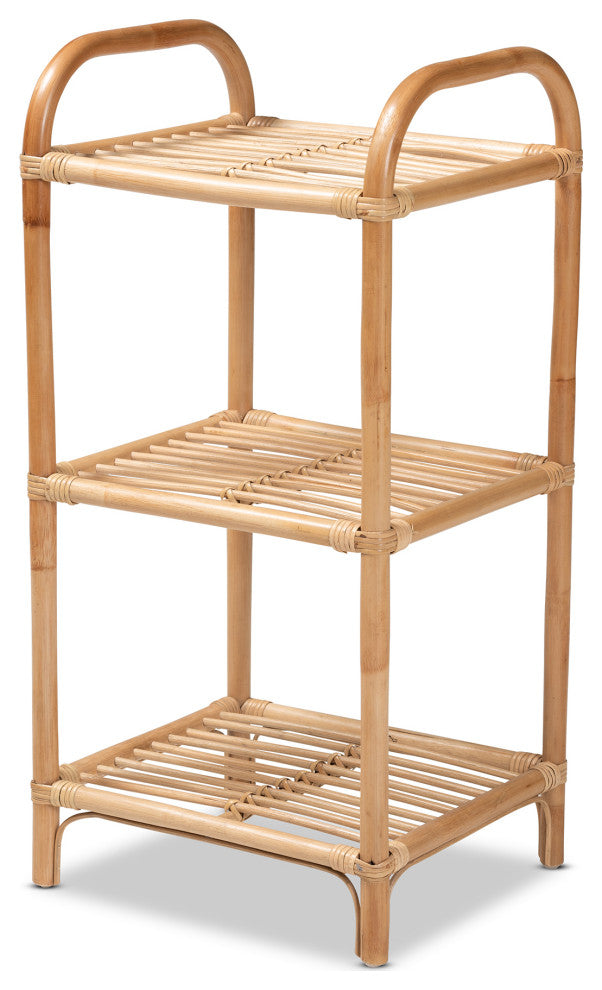 Hollis Modern Bohemian Natural Brown Finished Rattan 3-Tier Display Shelf