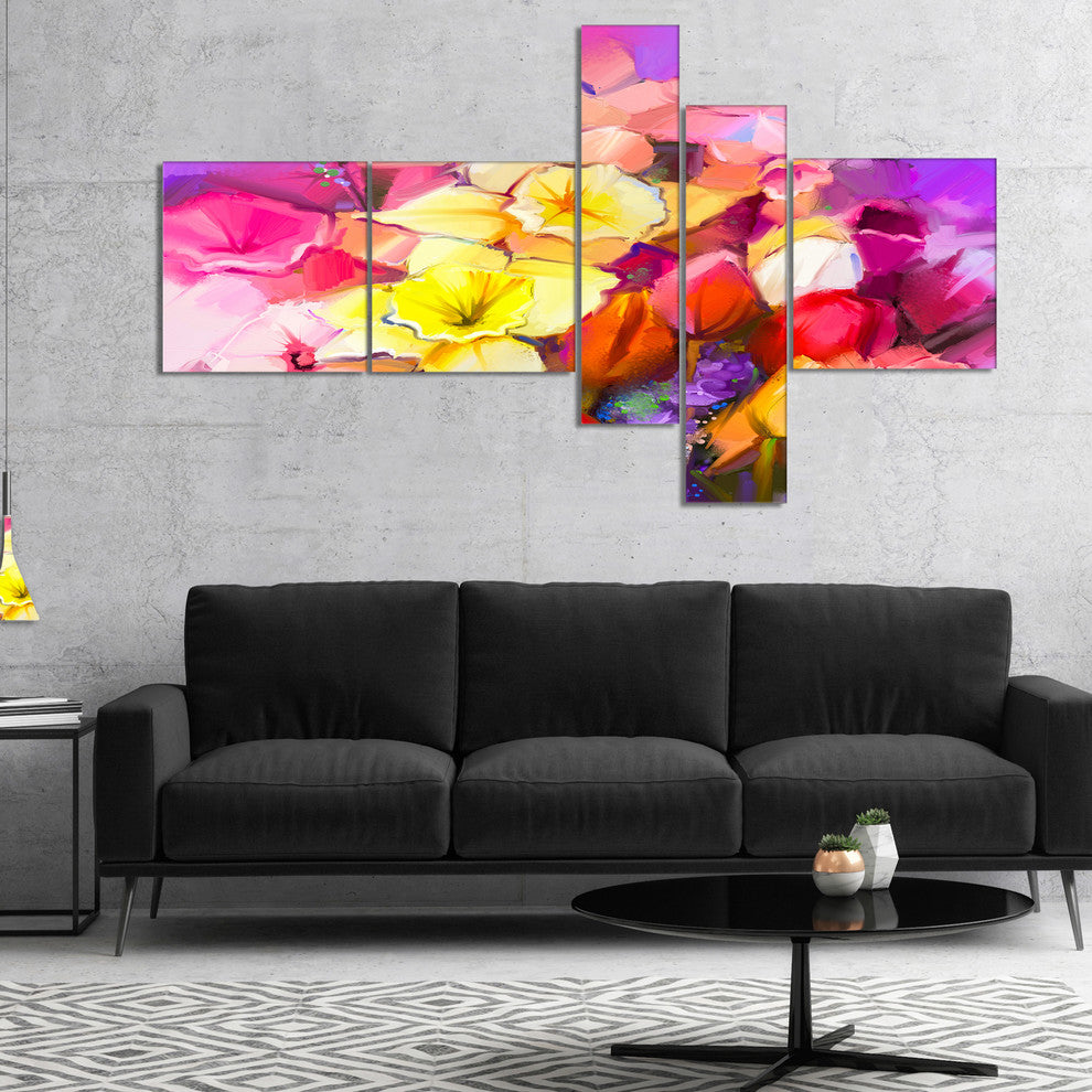 Bouquet of Daffodil and Tulip Flowers, Floral Canvas Print, 60"x32", 5 panels