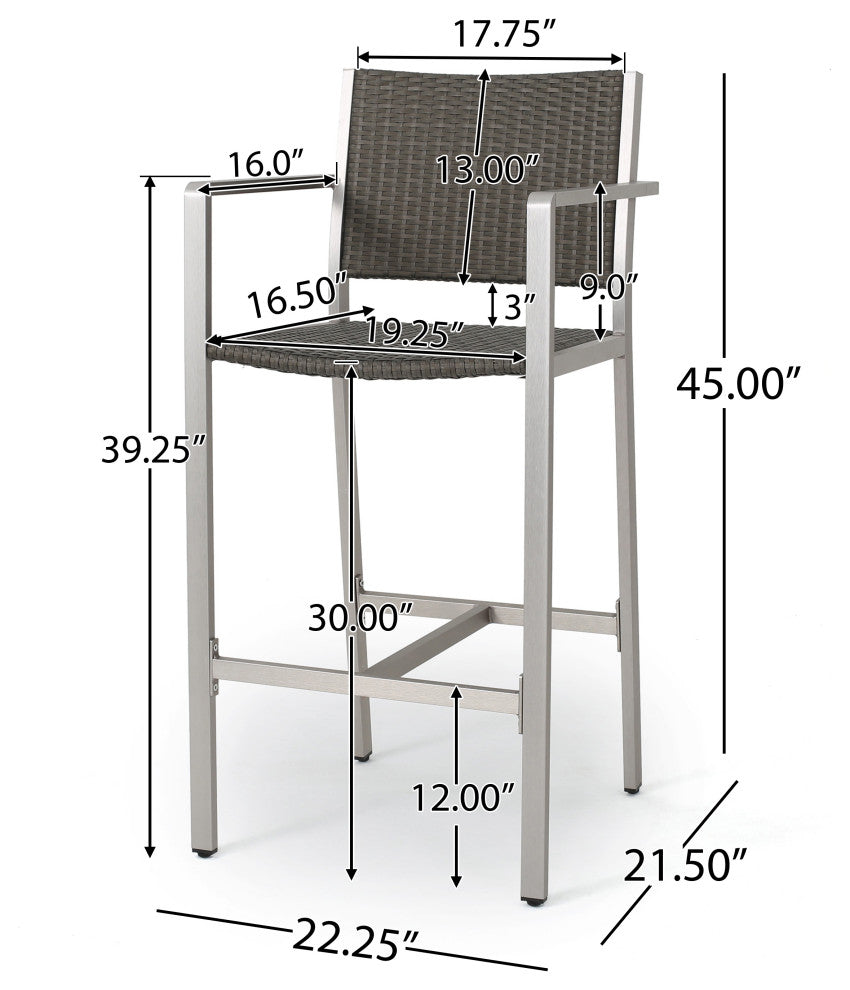 GDF Studio Capral Outdoor Gray Wicker Bar Stools, Set of 2