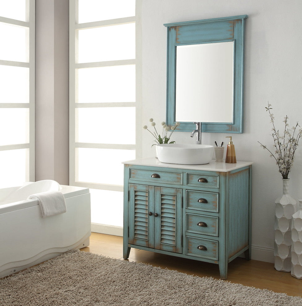 36" Distress Blue Abbeville Vessel Sink Vanity With Matching Mirror