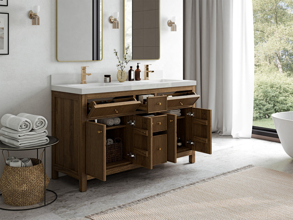 Sonoma Teak 60 Double Bathroom Vanity in Dark Natural with 2" Carrara Quartz