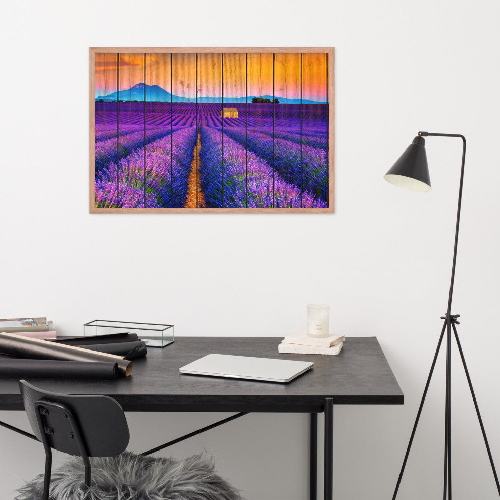 Faux Wood Lavender Fields and Sunset Landscape Framed Photo Paper Wall Art Print, Red Oak, 24" X 36"
