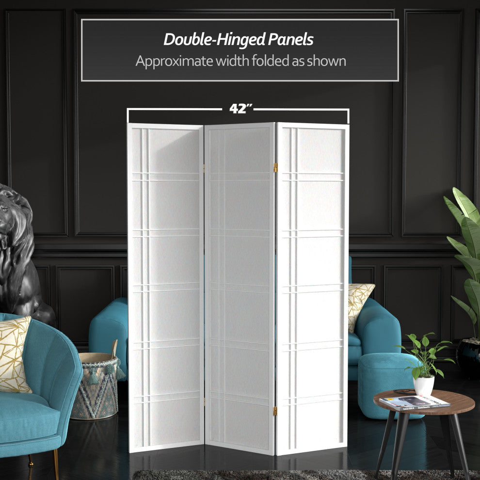 6' Tall Double Cross Shoji Screen, White, 3 Panels