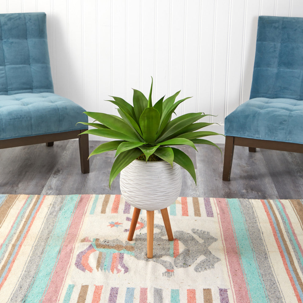 33" Agave Succulent Artificial Plant, White Planter With Stand