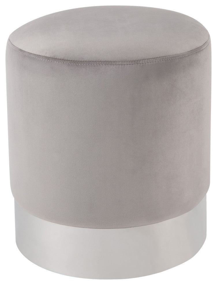 Madelyn Velvet Round Ottoman With Metal Base, Gray/Chrome