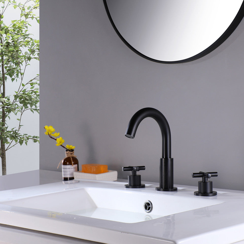 Deck Mounted Dual Handle Widespread Bathroom Faucet, Matte Black