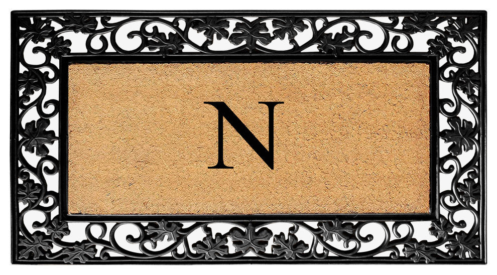 A1HC Floral Border Black 18x30 Rubber and Coir Heavy Duty Monogrammed Doormat, N