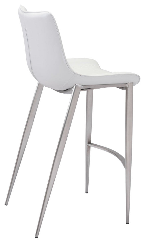 Bar Stool Chair Barstool, Set of 2, Faux Vinyl Leather, Steel, White, Silver