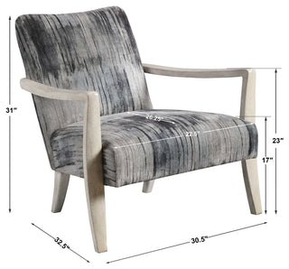 Modern Abstract Chenille Accent Chair Black Gray Blue White Streaked Wood Plush