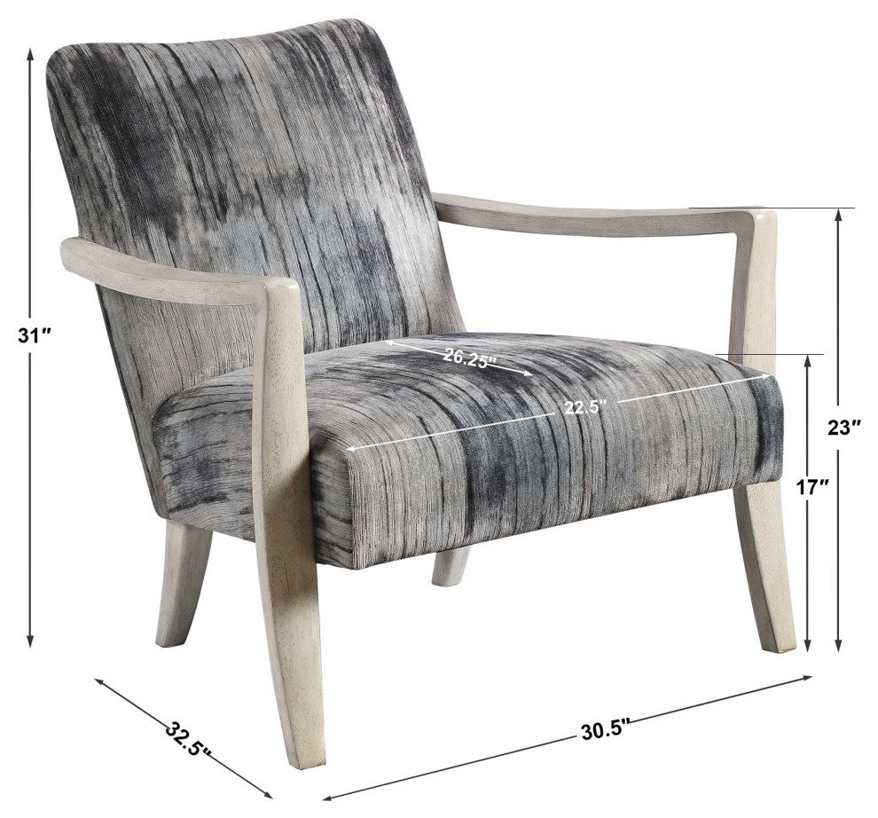 Modern Abstract Chenille Accent Chair Black Gray Blue White Streaked Wood Plush