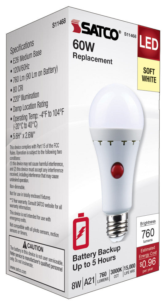 8W A21 LED, 3000K, Medium Base, 120V, 80 CRI, Battery Backup