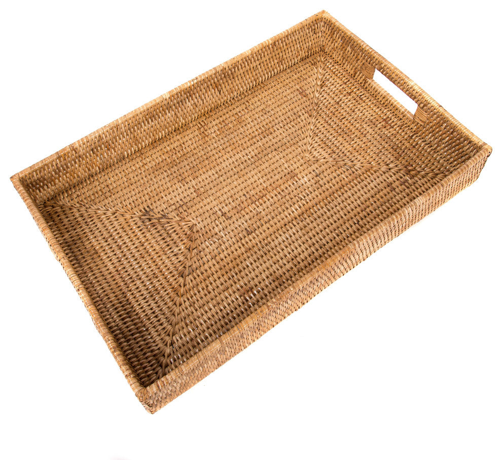 Artifacts Rattan Rectangular Tray With Cutout Handles, Honey Brown, Large