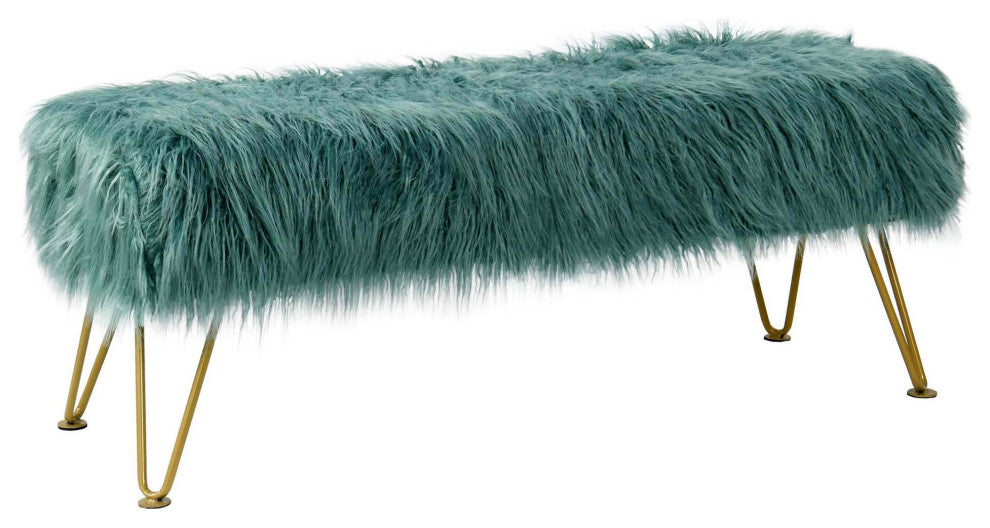 Mongolian Faux Fur Upholstered Ottoman Bench, Oil Blue, 46x16x22