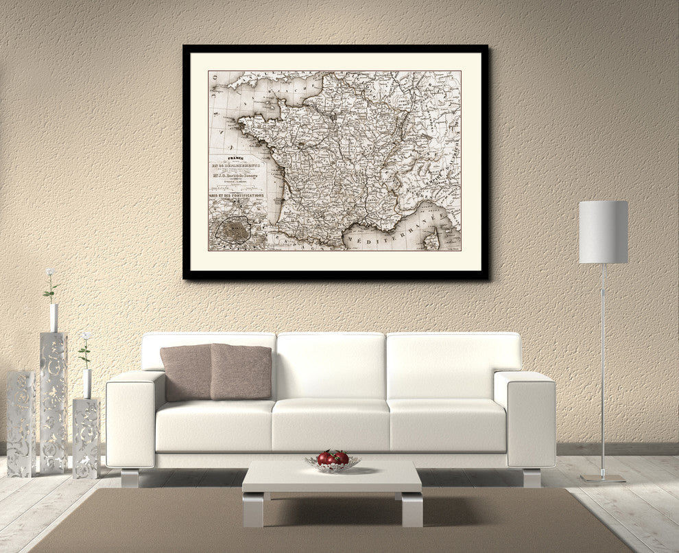 France Departments Old Sepia Map Print On Canvas With Black Frame, 16" X 21"