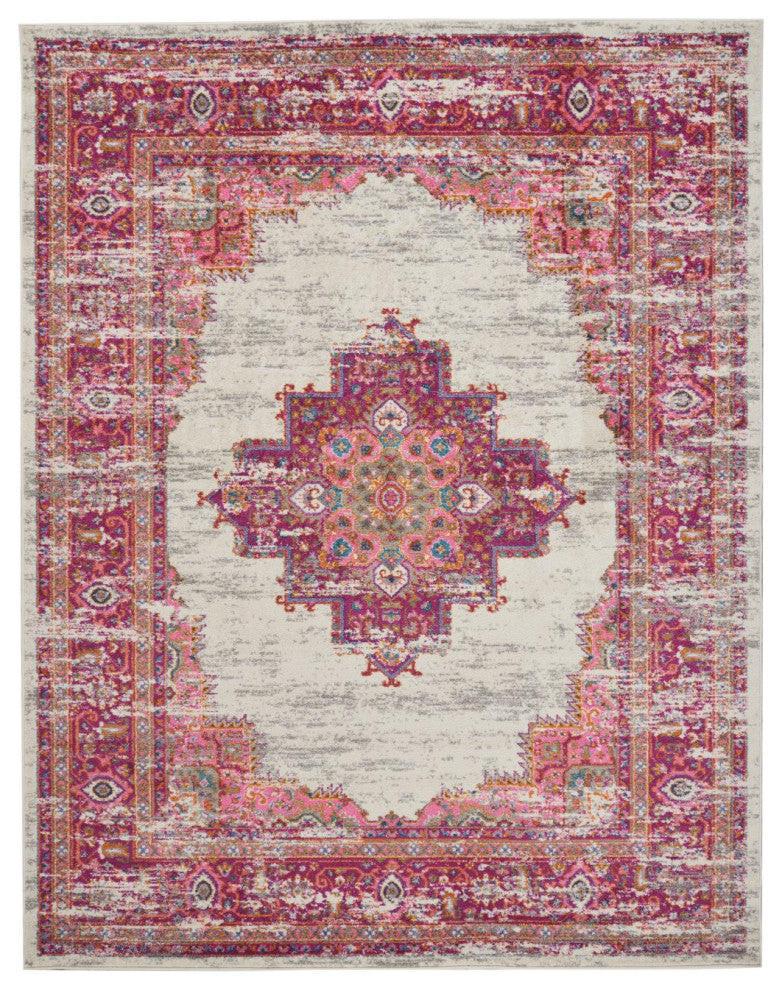 8 x 10' Ivory and Fuchsia Distressed Area Rug