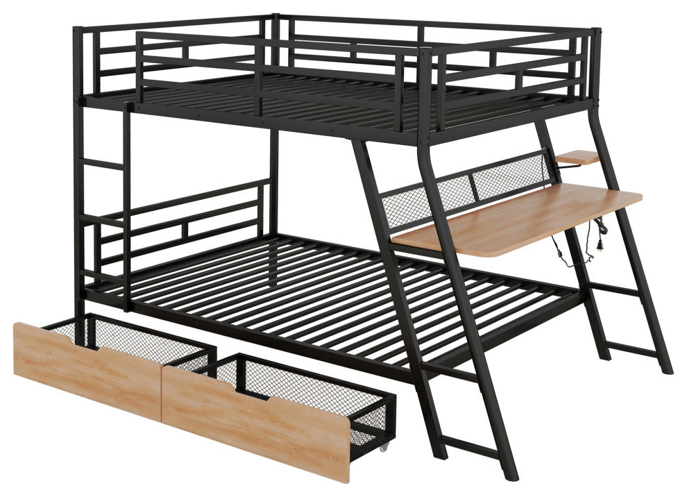 Gewnee Full Size Metal Bunk Bed with Built-in Desk, Light and 2 Drawers, Black