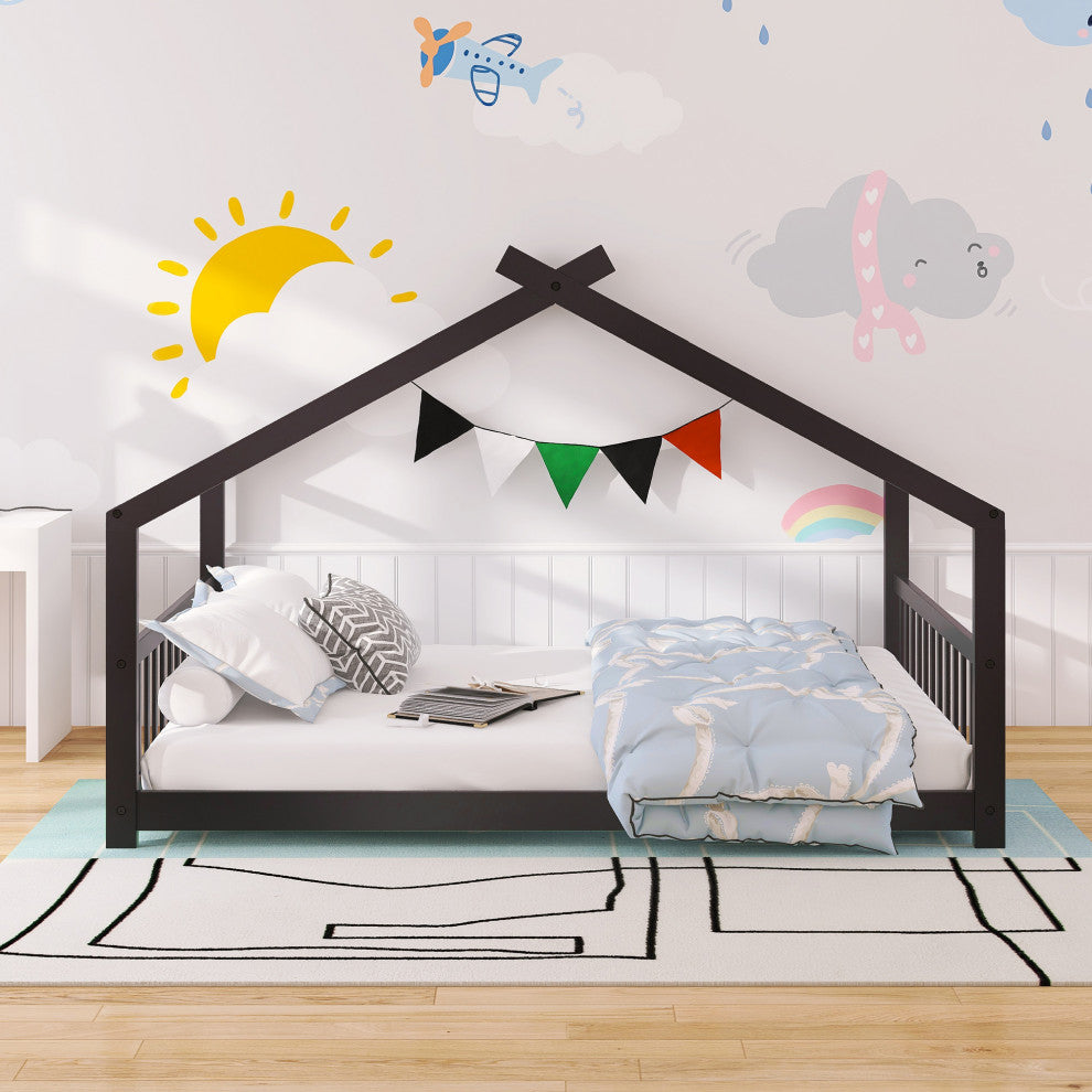 Gewnee Full Size House Bed Wood Bed in Espresso