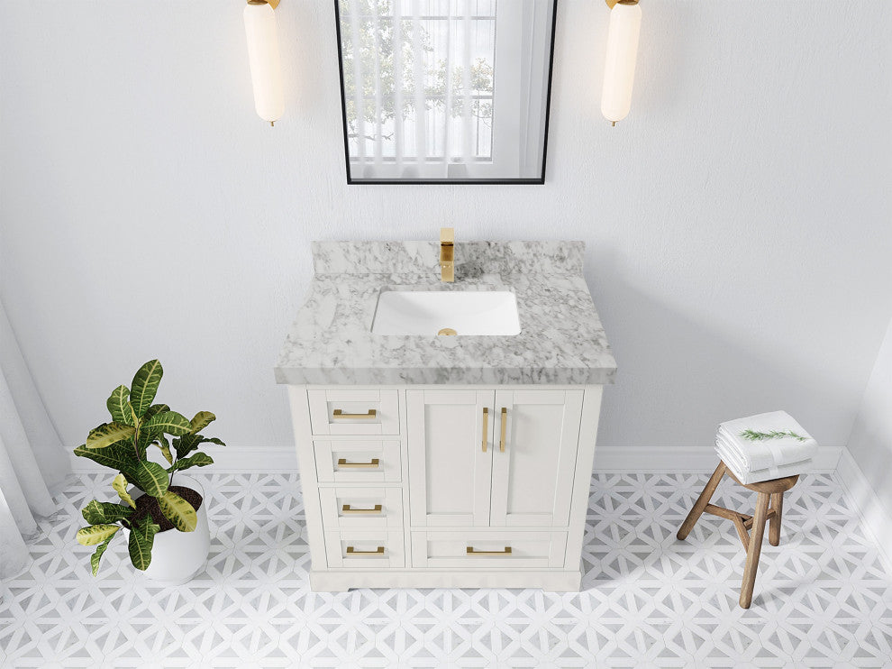 Boston 36" Center Sink Bath Vanity in Alabaster 2" Carrara Marble