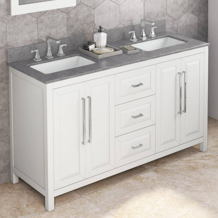 Cade Transitional 60" White Double Sink Vanity, Steel Grey Cultured Marble Vanit